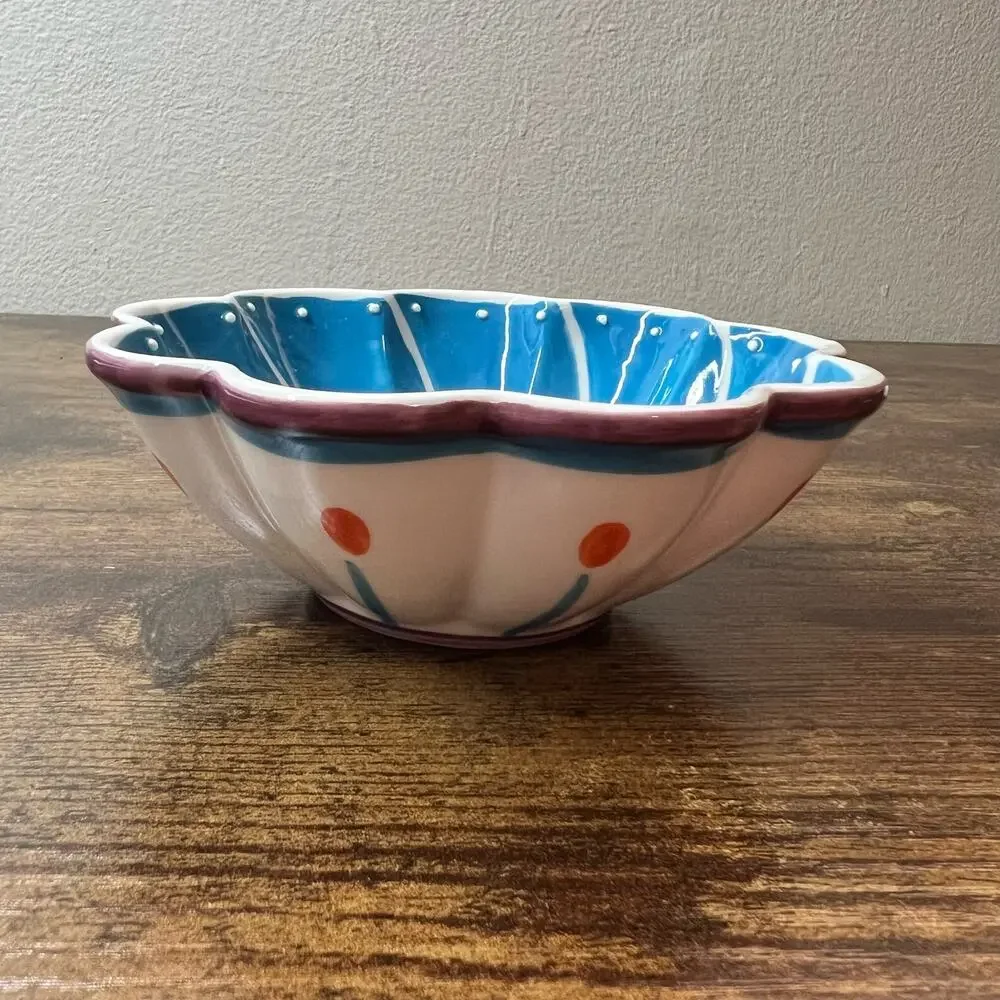 Anthropologie 1 CUP Measuring Cup Bowl Flower Ceramic Blue Kitchenware Boho New